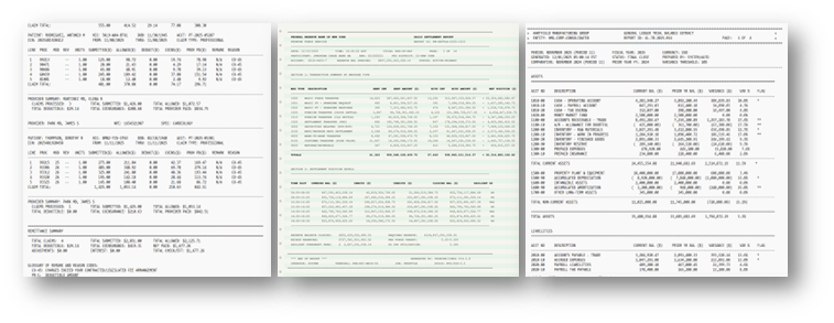 Three overlapping mainframe document samples: medical claims, Fedwire settlement, and financial balance sheet