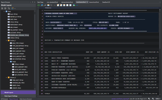 ReportMiner template builder UI showing hierarchical model layout and extracted fields from a Fedwire settlement report